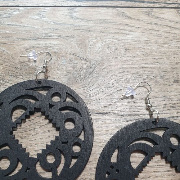 Large Round Black Laser Cut Wooden Earrings Women Gift Hook African Inspired - Picture 2 of 4